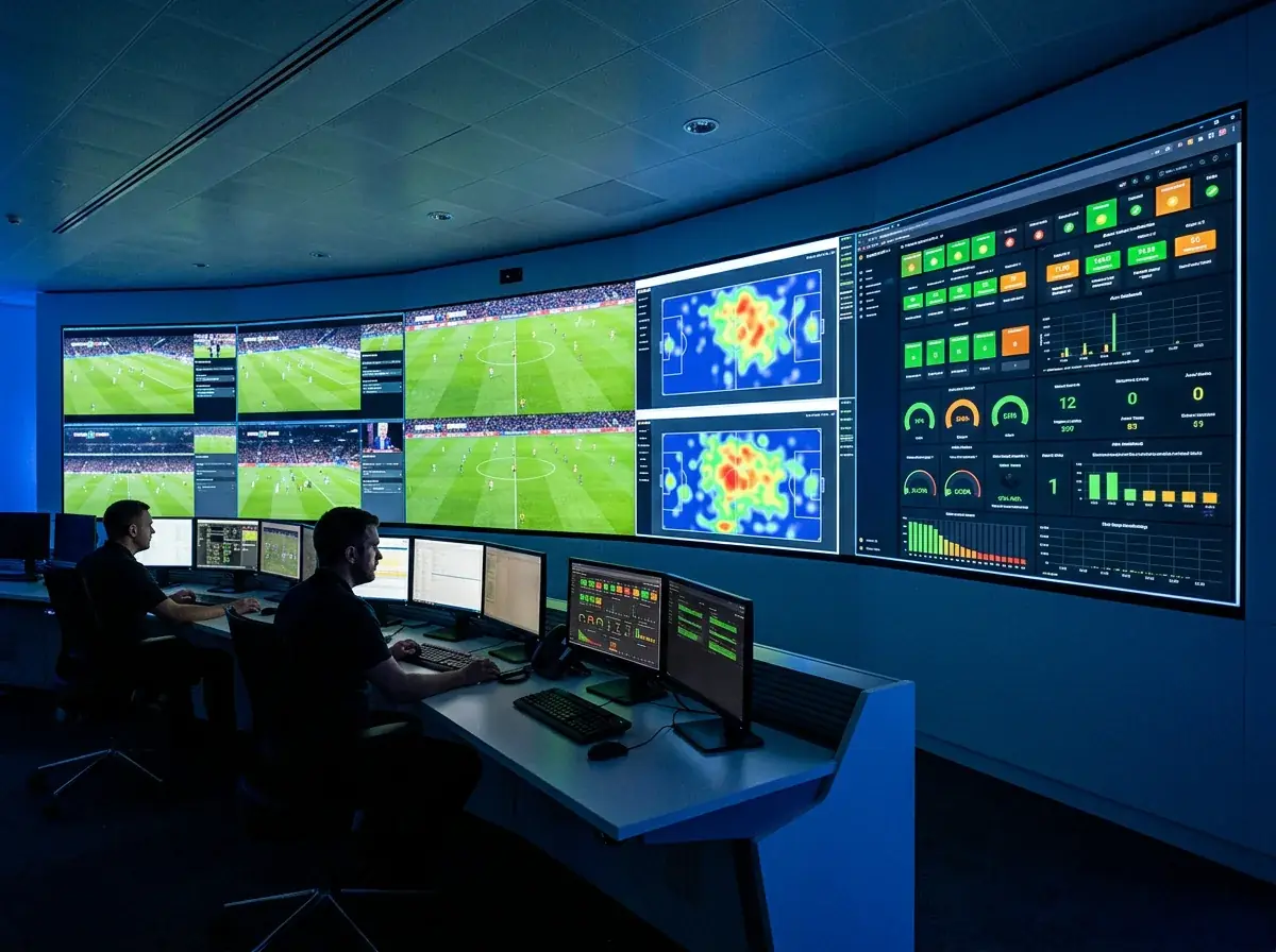 Monitoringskamer met schermen die live voetbaldata en verdachte patronen tonen